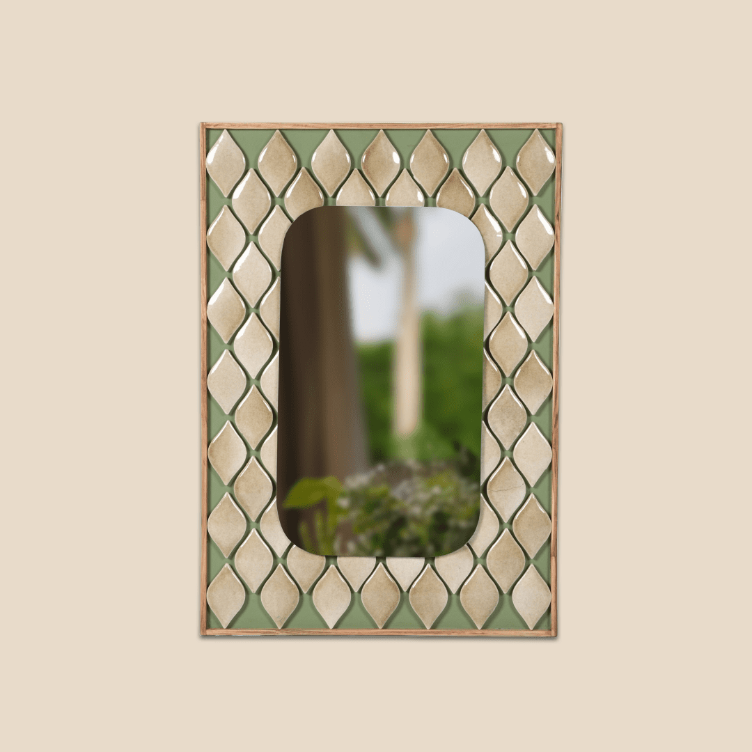 Paraffin Wall Mirror - Neutral / Teakwood, plywood, ceramic tile and mirror / L: 19’’ W: 1’’ H: 27’’ - Decor
