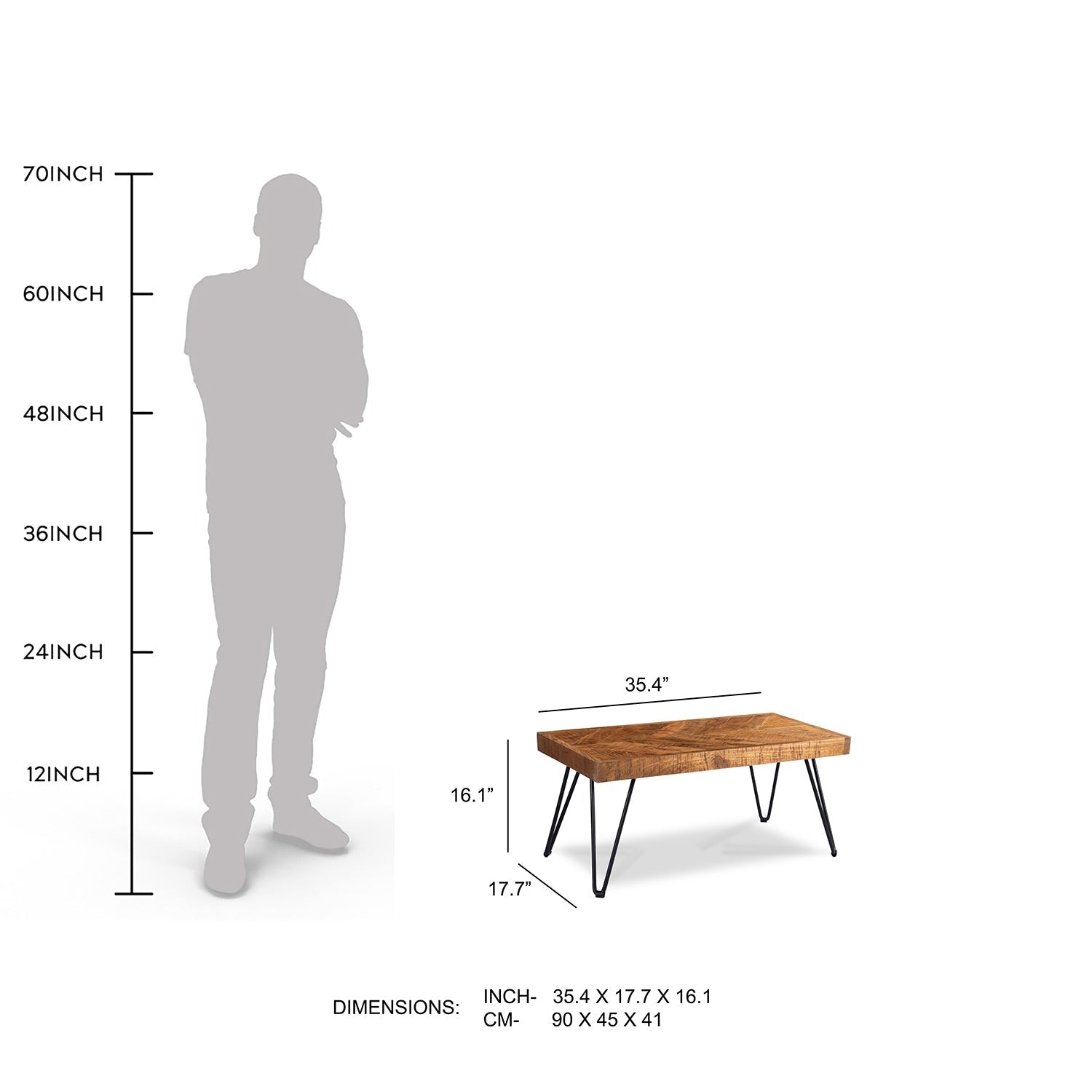 Parquetry Hairpin Coffee Table - Light Walnut / Mango Wood And MS / L:90 x D:45 x H:41 in cm - Indoor Furniture