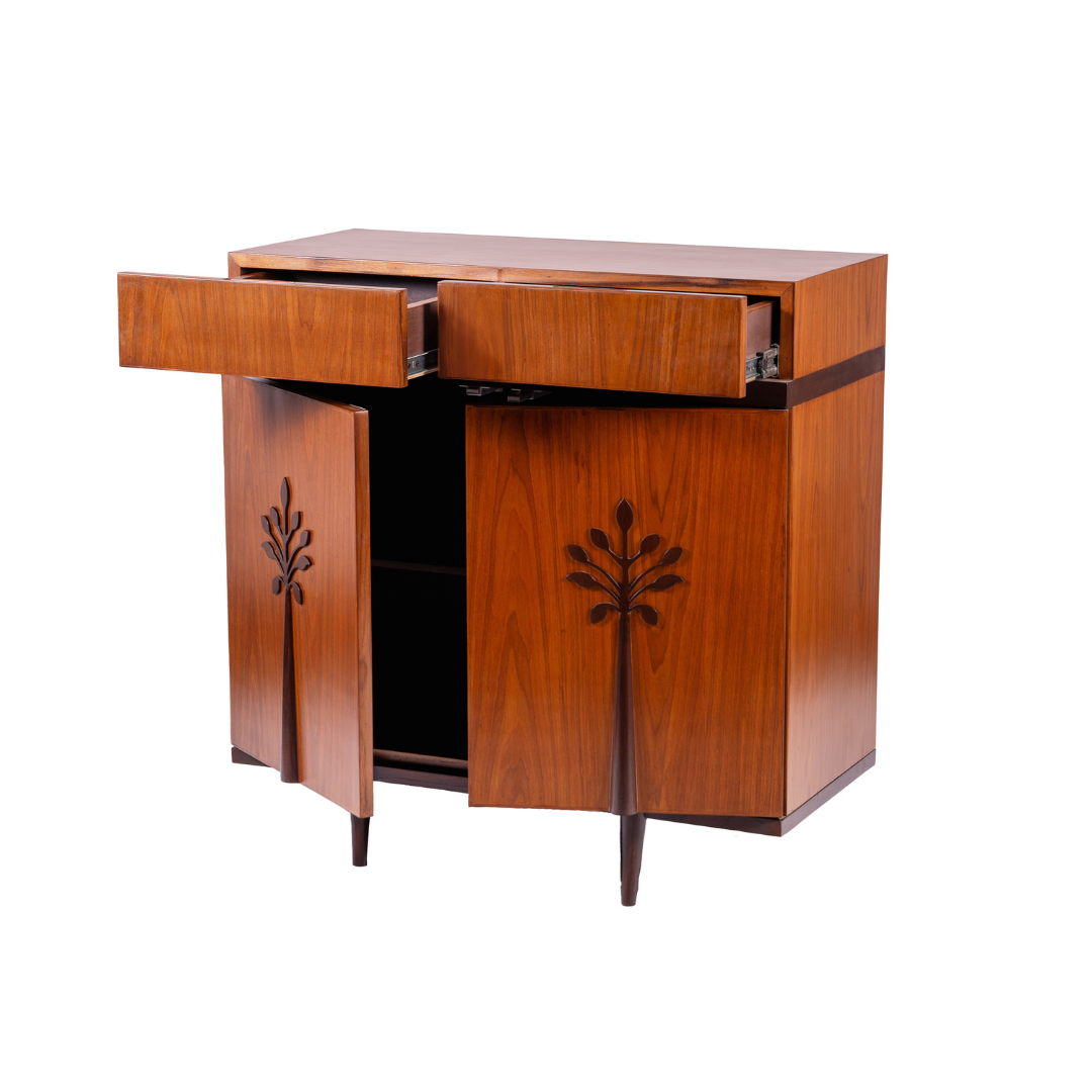 PETONA Storage Cabinet - Teak / Legs: Teakwood; Body of the Cabinet: Teak veneer and plywood; Shelves and Inner Space: