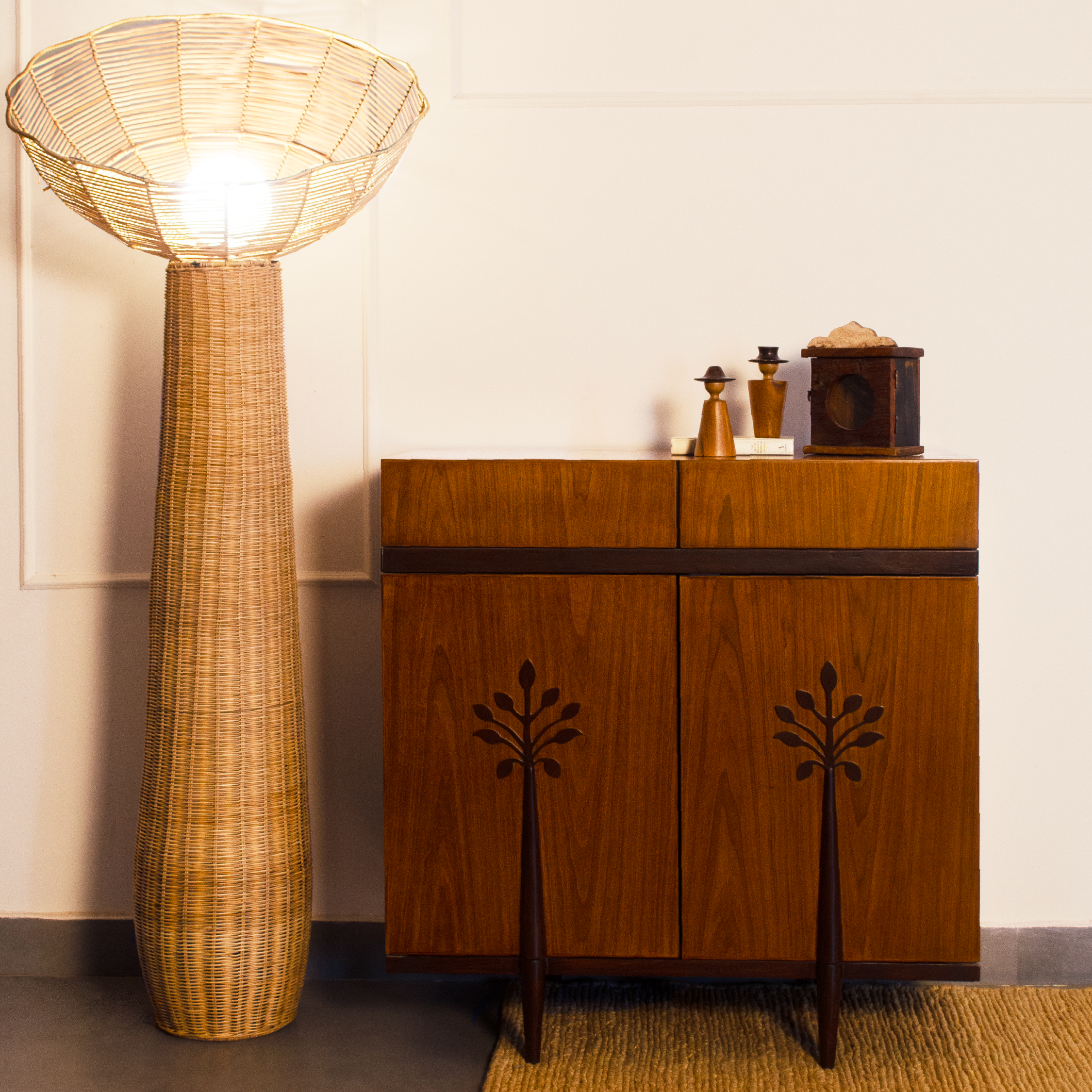 PETONA Storage Cabinet - Teak / Legs: Teakwood; Body of the Cabinet: Teak veneer and plywood; Shelves and Inner Space: