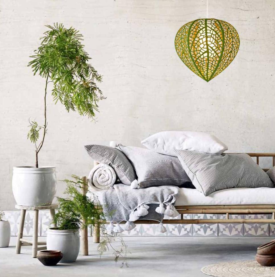 Physalis Hanging Lamp - Green & Yellow - Dia: 20 x Height: 18 in Inches / Mild Steel and Poplin - Lighting