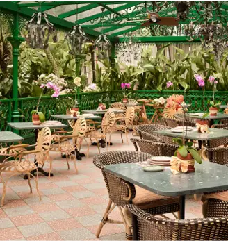 Green wicker patio furniture set with matching tables and chairs under a green metal pergola