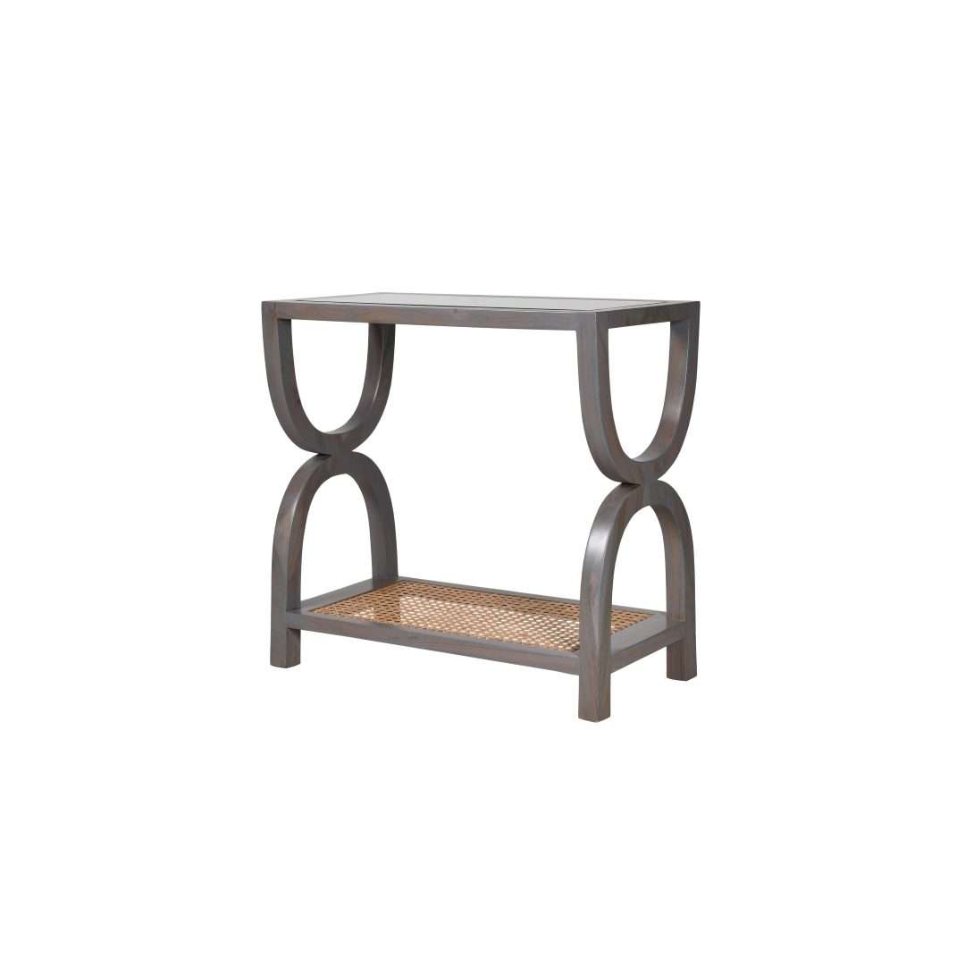 Polar Stroke Teak Wood Console Table - Grey / Teakwood, cane and glass / L: 25’’ W: 12’’ H: 30’’ - Furniture