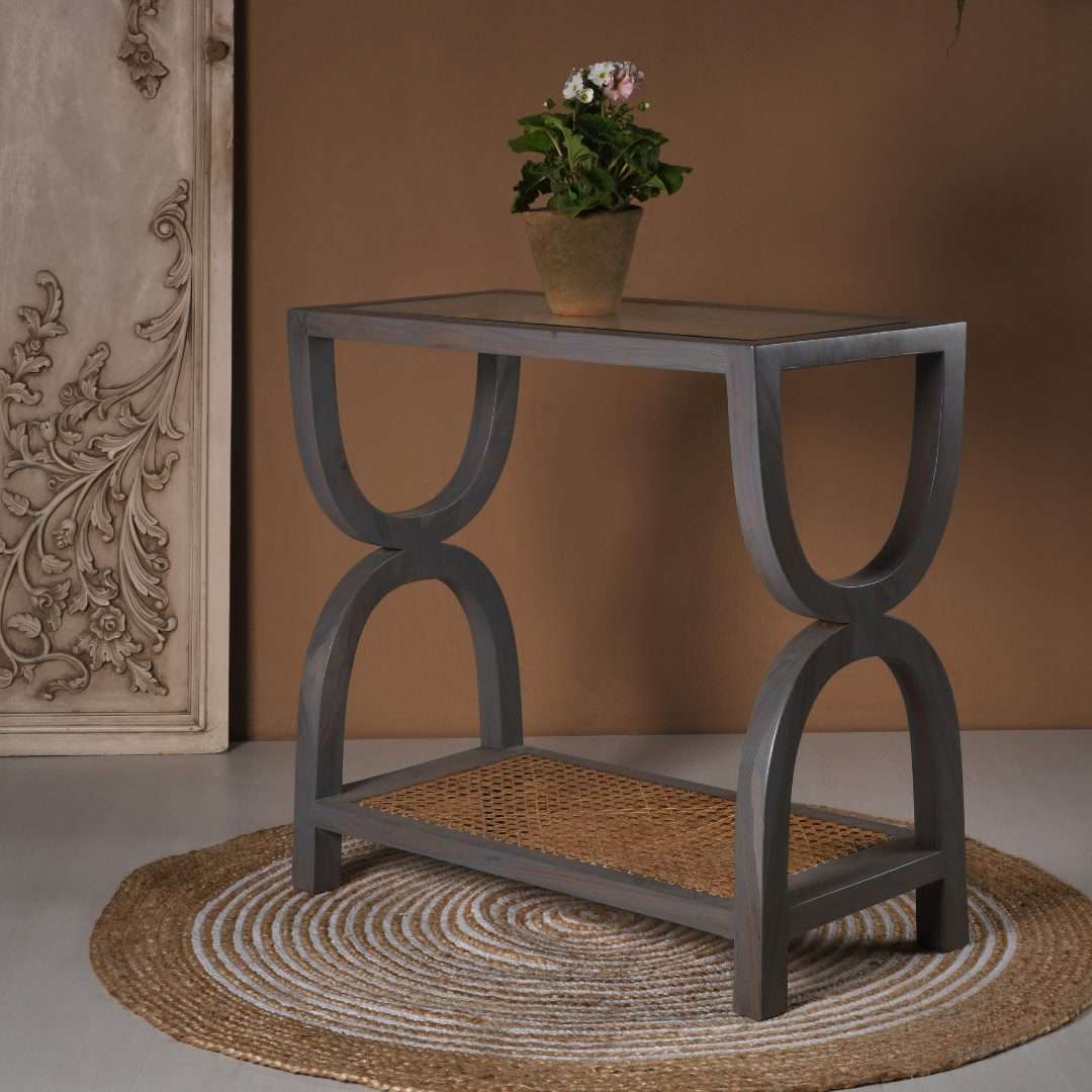 Polar Stroke Teak Wood Console Table - Grey / Teakwood, cane and glass / L: 25’’ W: 12’’ H: 30’’ - Furniture
