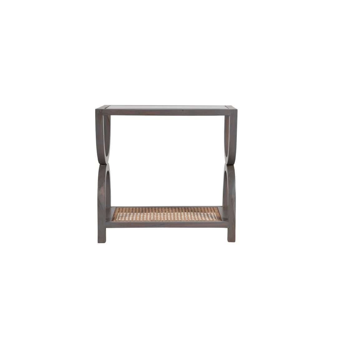 Polar Stroke Teak Wood Console Table - Grey / Teakwood, cane and glass / L: 25’’ W: 12’’ H: 30’’ - Furniture