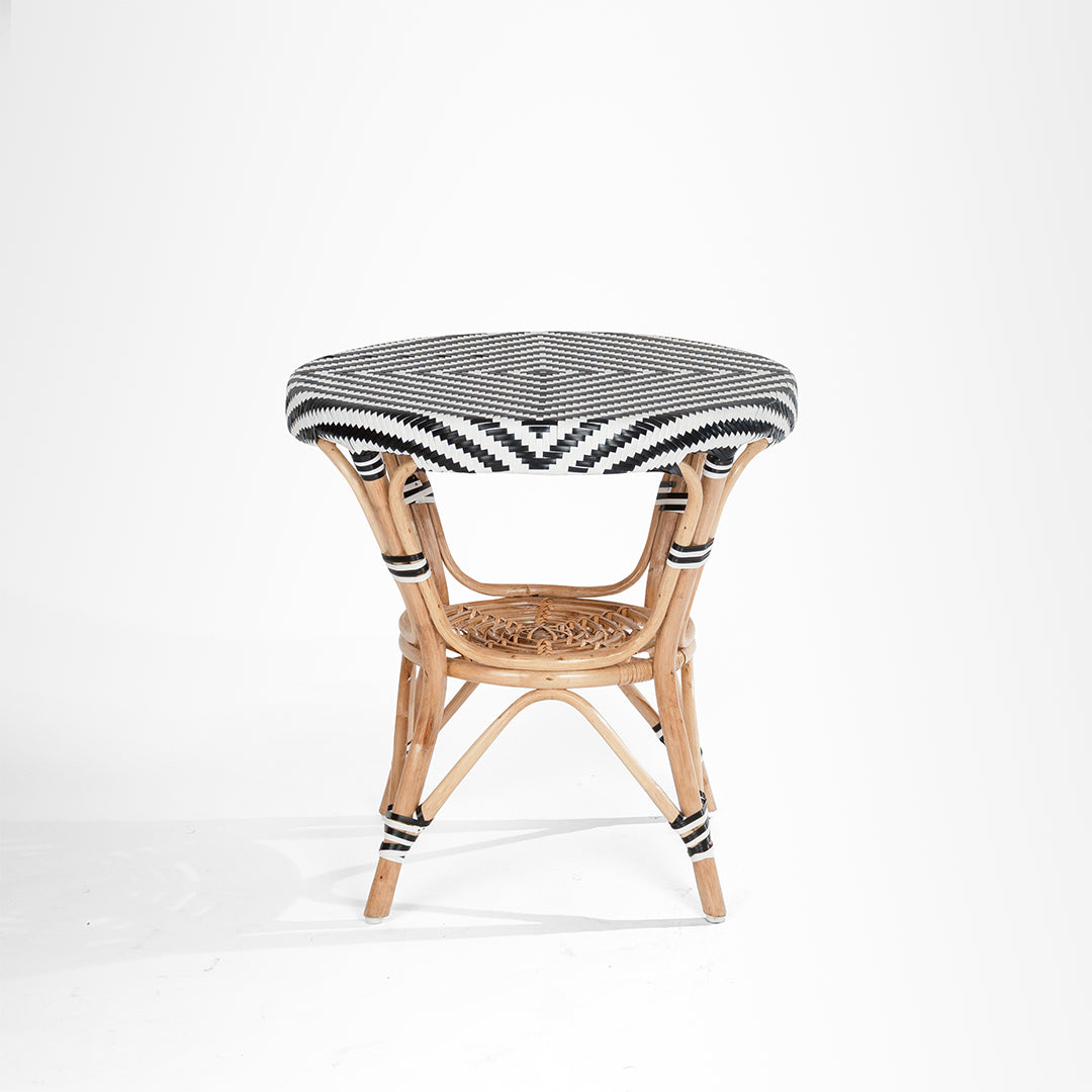 QV Popsicle Cane Table and Chairs Set - Dia: 25’’ H: 25’’ Chair- W: 17’’ D: 18’’ H: 38’’ SH: 19’’ / Black and White