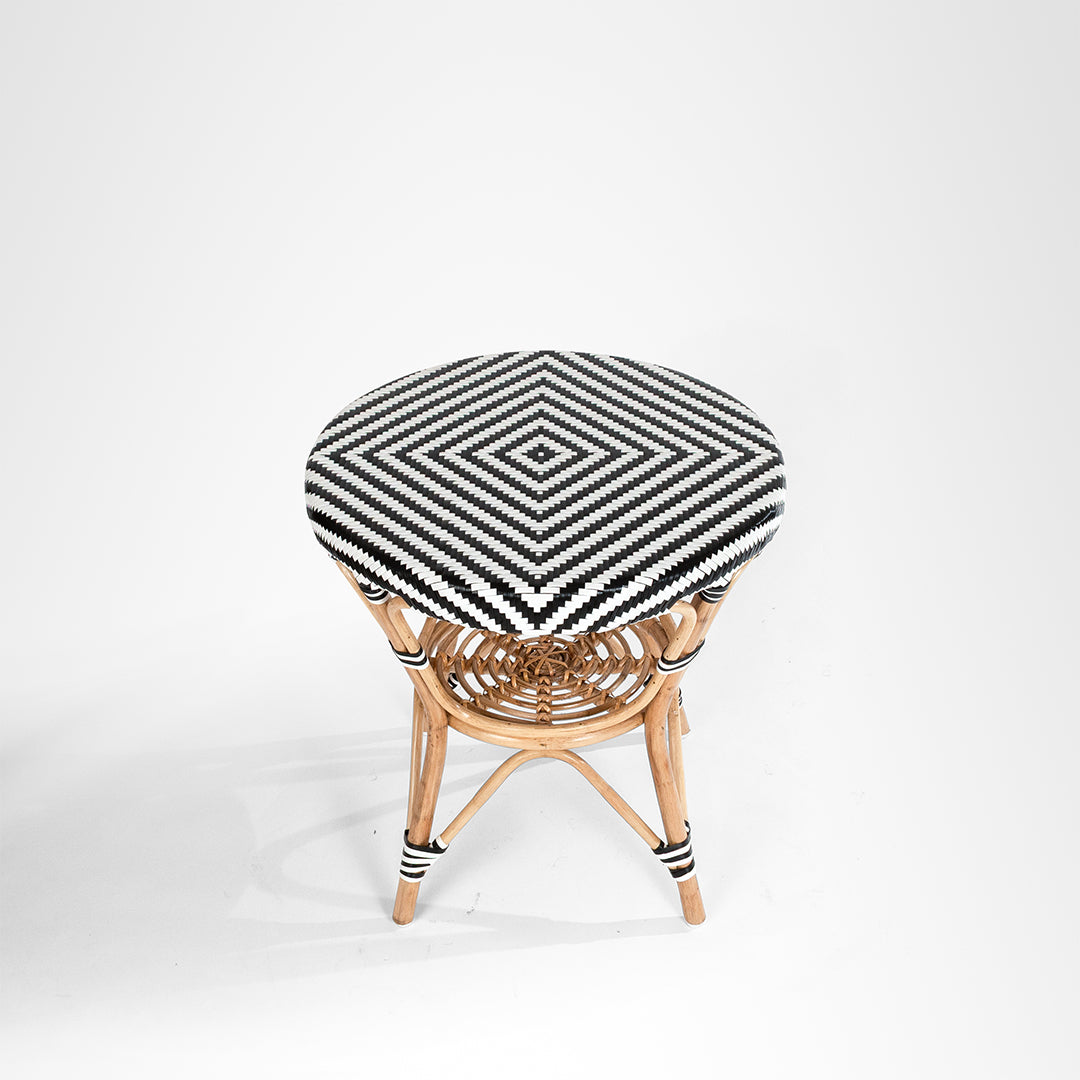 QV Popsicle Cane Table and Chairs Set - Dia: 25’’ H: 25’’ Chair- W: 17’’ D: 18’’ H: 38’’ SH: 19’’ / Black and White