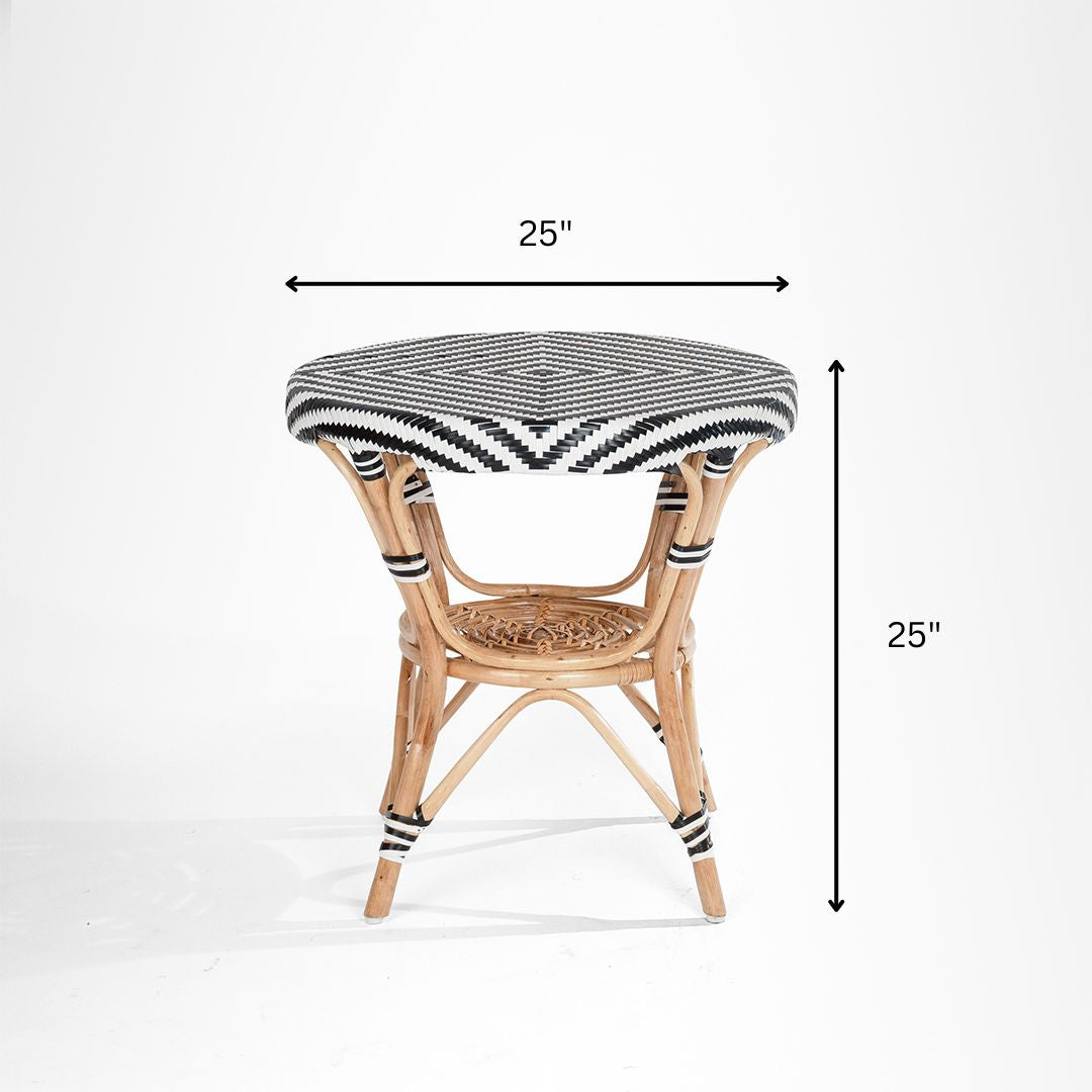 QV Popsicle Cane Table and Chairs Set - Dia: 25’’ H: 25’’ Chair- W: 17’’ D: 18’’ H: 38’’ SH: 19’’ / Black and White
