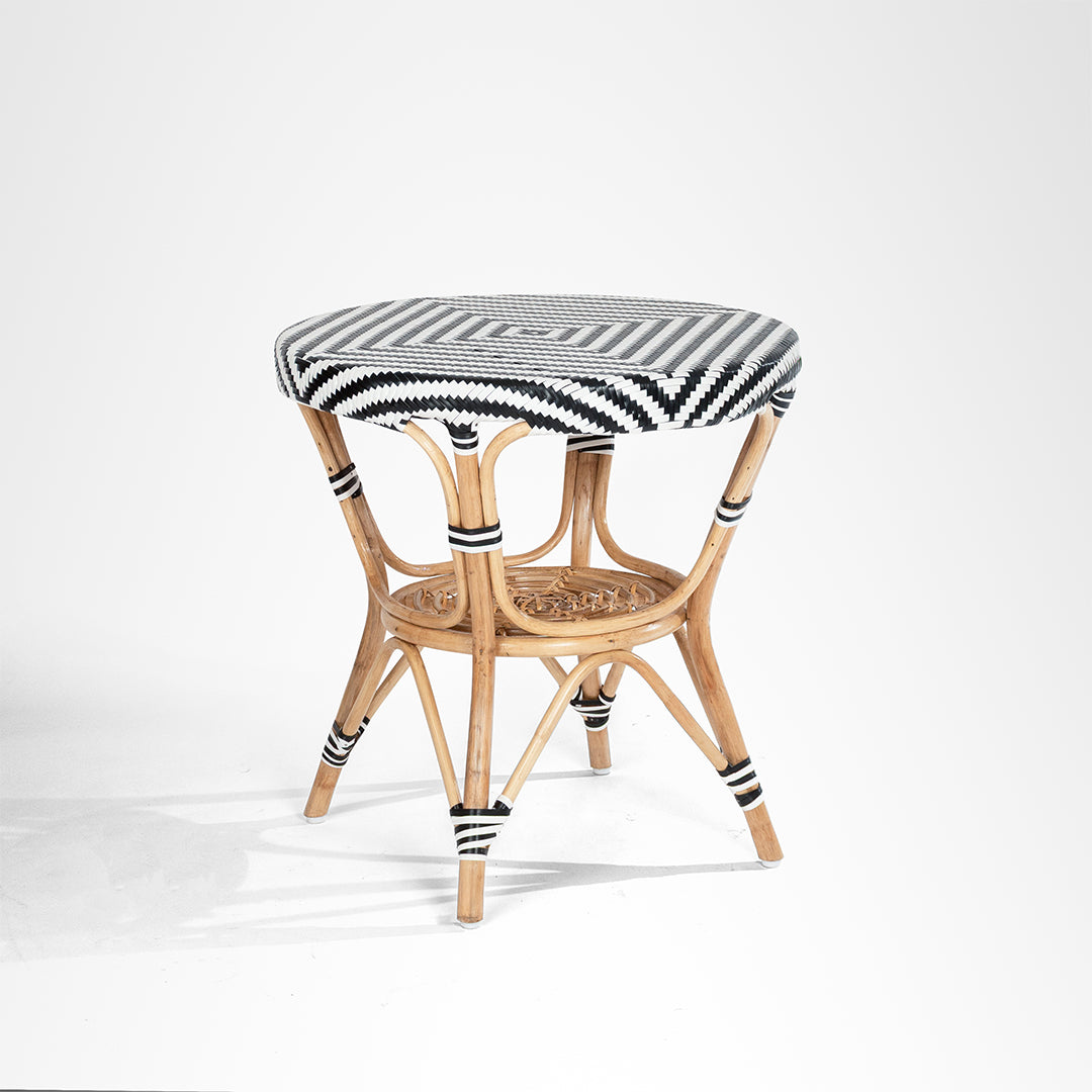 QV Popsicle Cane Table and Chairs Set - Dia: 25’’ H: 25’’ Chair- W: 17’’ D: 18’’ H: 38’’ SH: 19’’ / Black and White