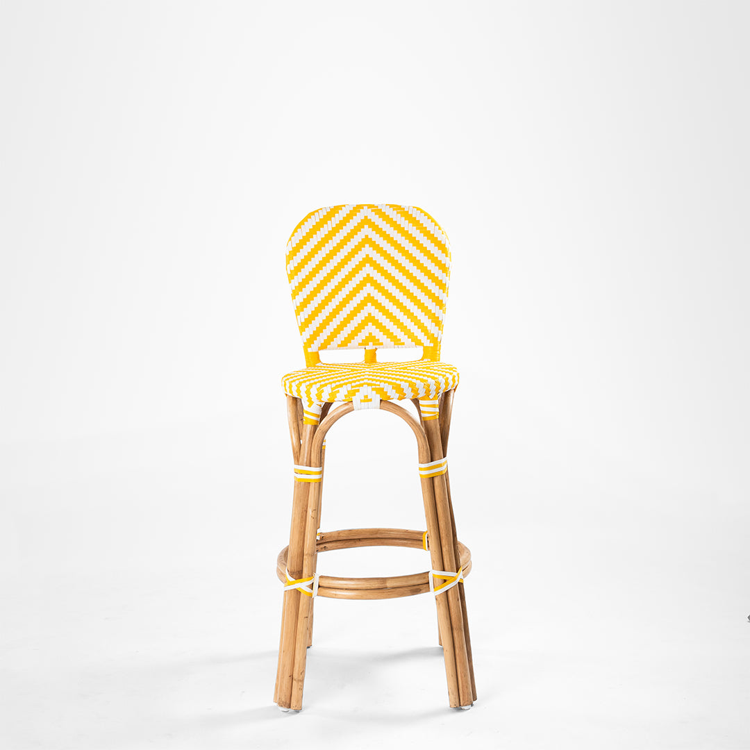 R Popsicle Cane Bar Chair - W: 16’’ D: 16’’ H: 49’’ SH: 30’’ / Yellow and White / Cane Frame and PVC Weaving - Outdoor