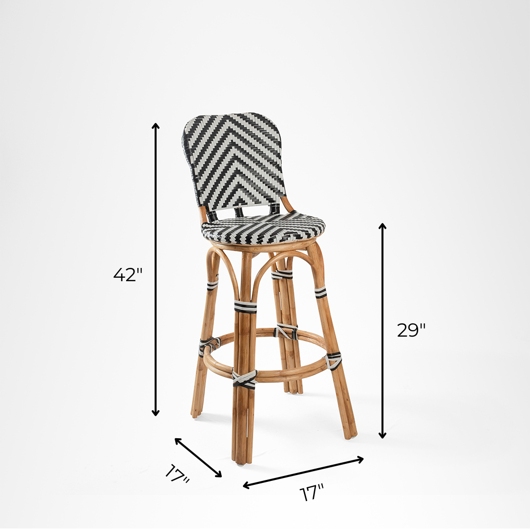 R Popsicle Cane Bar with Swivel - Cane Frame and PVC Weaving / W: 17’’ D: 17’’ H: 42’’ SH: 29’’ / Black and White