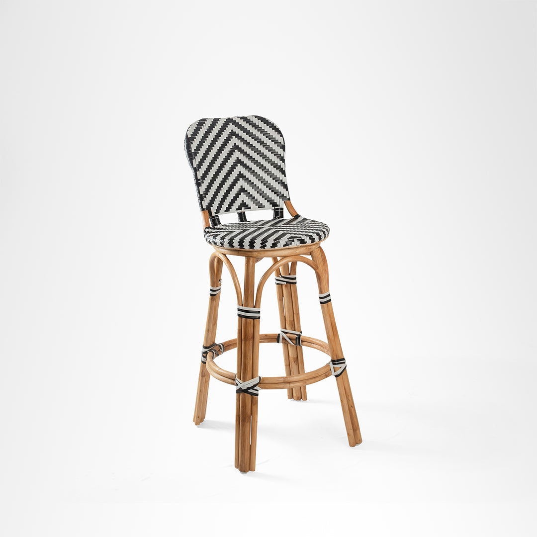 R Popsicle Cane Bar with Swivel - Cane Frame and PVC Weaving / W: 17’’ D: 17’’ H: 42’’ SH: 29’’ / Black and White