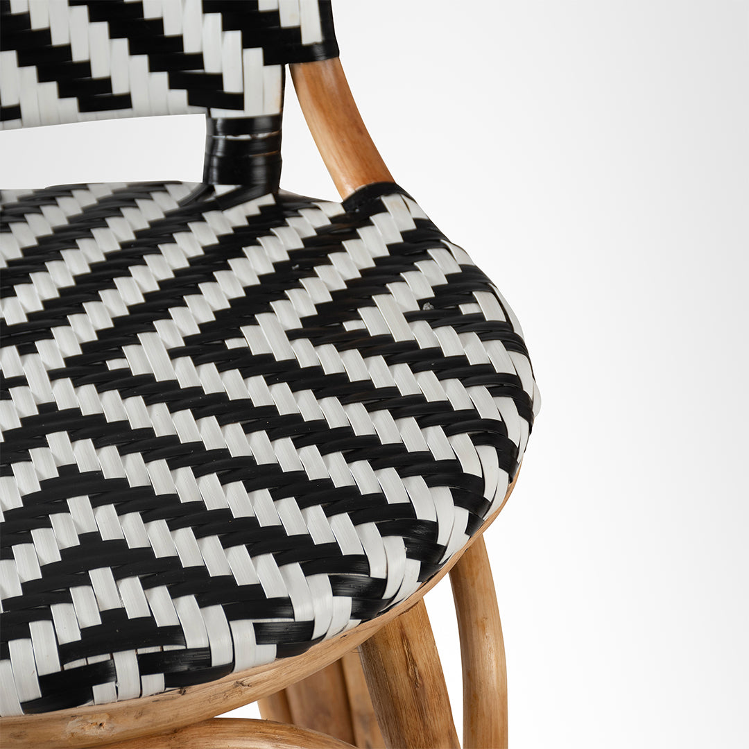 R Popsicle Cane Bar with Swivel - Cane Frame and PVC Weaving / W: 17’’ D: 17’’ H: 42’’ SH: 29’’ / Black and White