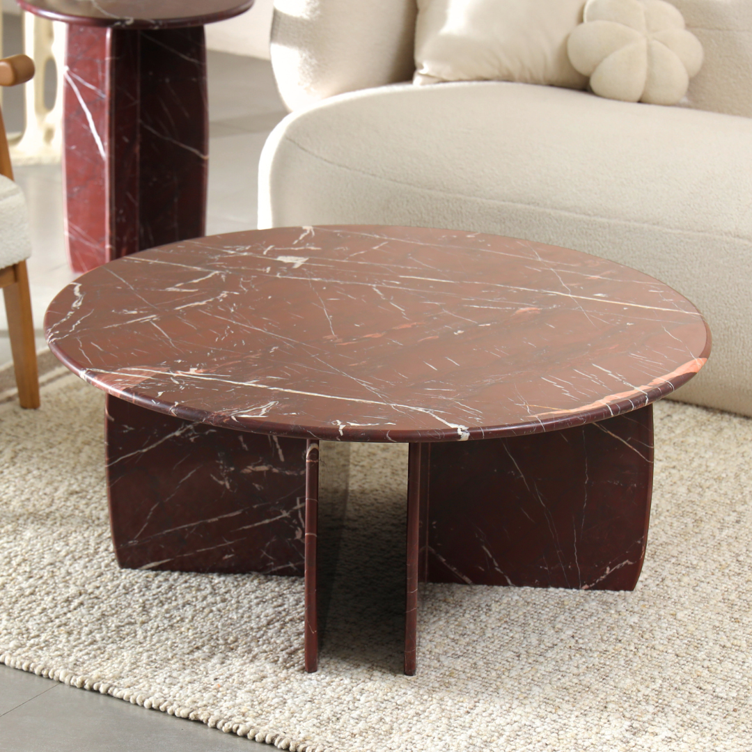 Raio Indian Roso Coffee Table - L:101.6 x W:101.6 x H:40.64 In Cms / Red / Marble - Indoor Furniture