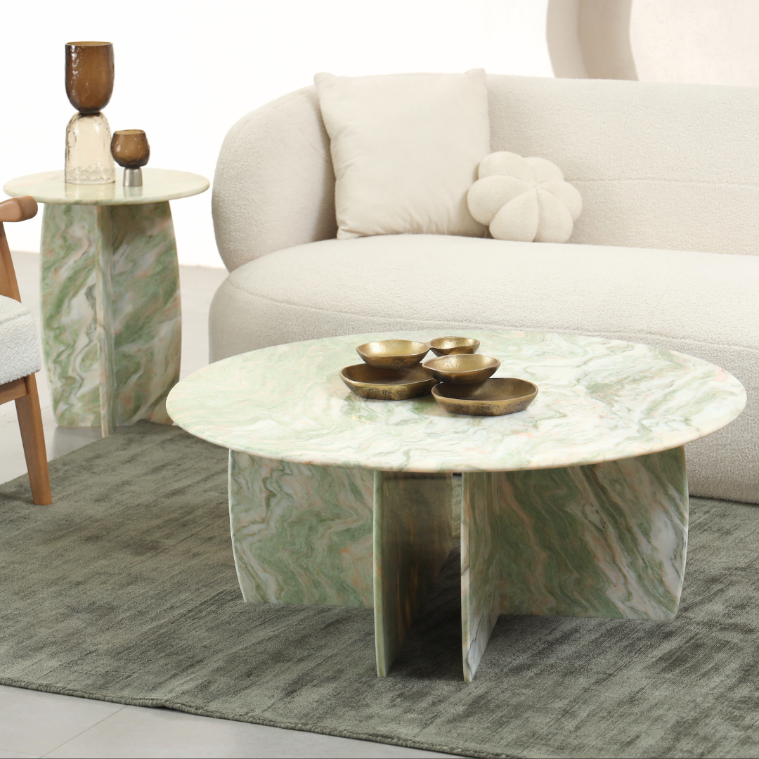 Raio Pista Coffee Table - L:101.6 x W:101.6 x H:40.64 In Cms / Green / Marble - Indoor Furniture