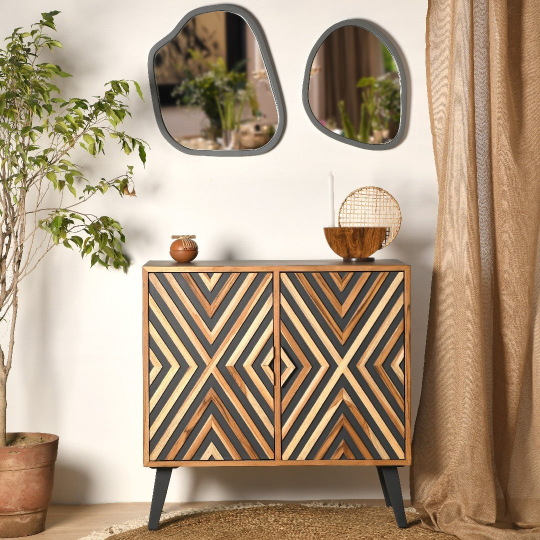 Rake Storage Cabinet - Grey Matt Finish / Plywood and teak wood / L: 32’’ W: 15’’ H: 32’’; Leg Height: 8’’; L: 30’’ W: