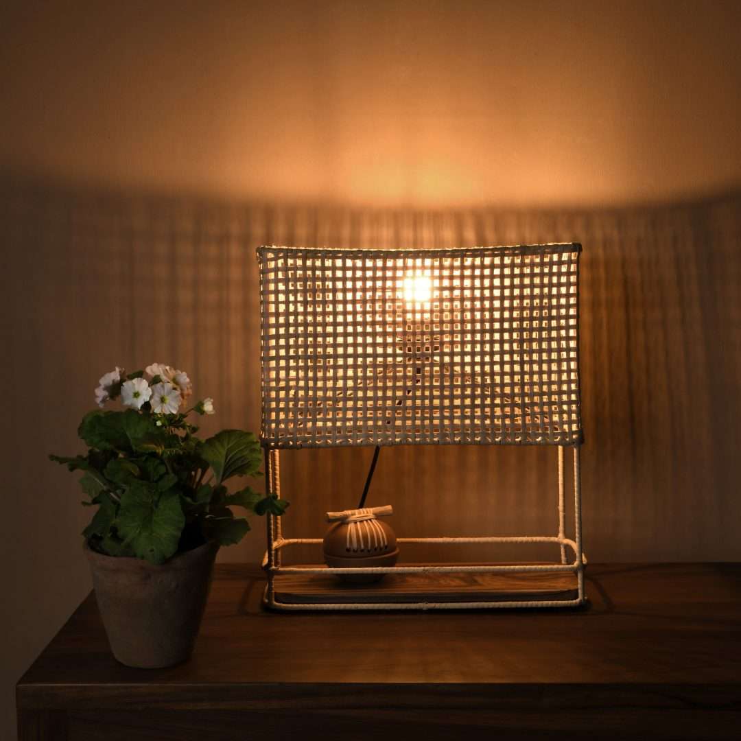 Rattan Table Lamp - Natural / Teakwood, iron and cane / L: 15’’ W: 6’’ H: 16.5’’ - Lighting