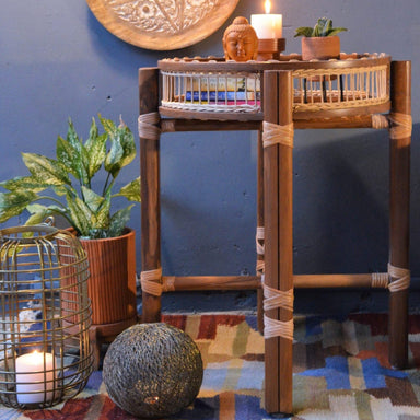 Rattan Tray Utility Table - Brown / Teakwood, cane / L: 18’’ W: 18’’ H: 24’’ - Furniture
