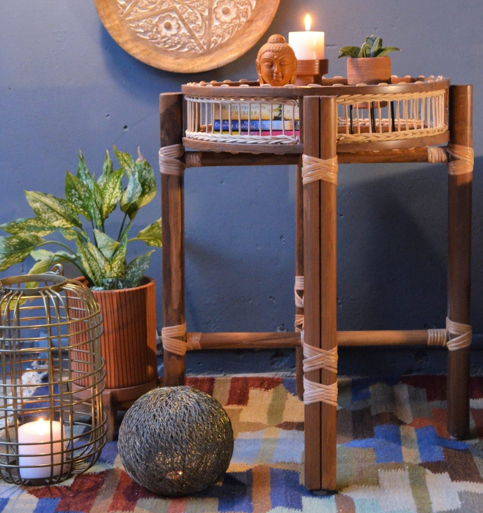 Rattan Tray Utility Table - Brown / Teakwood, cane / L: 18’’ W: 18’’ H: 24’’ - Furniture