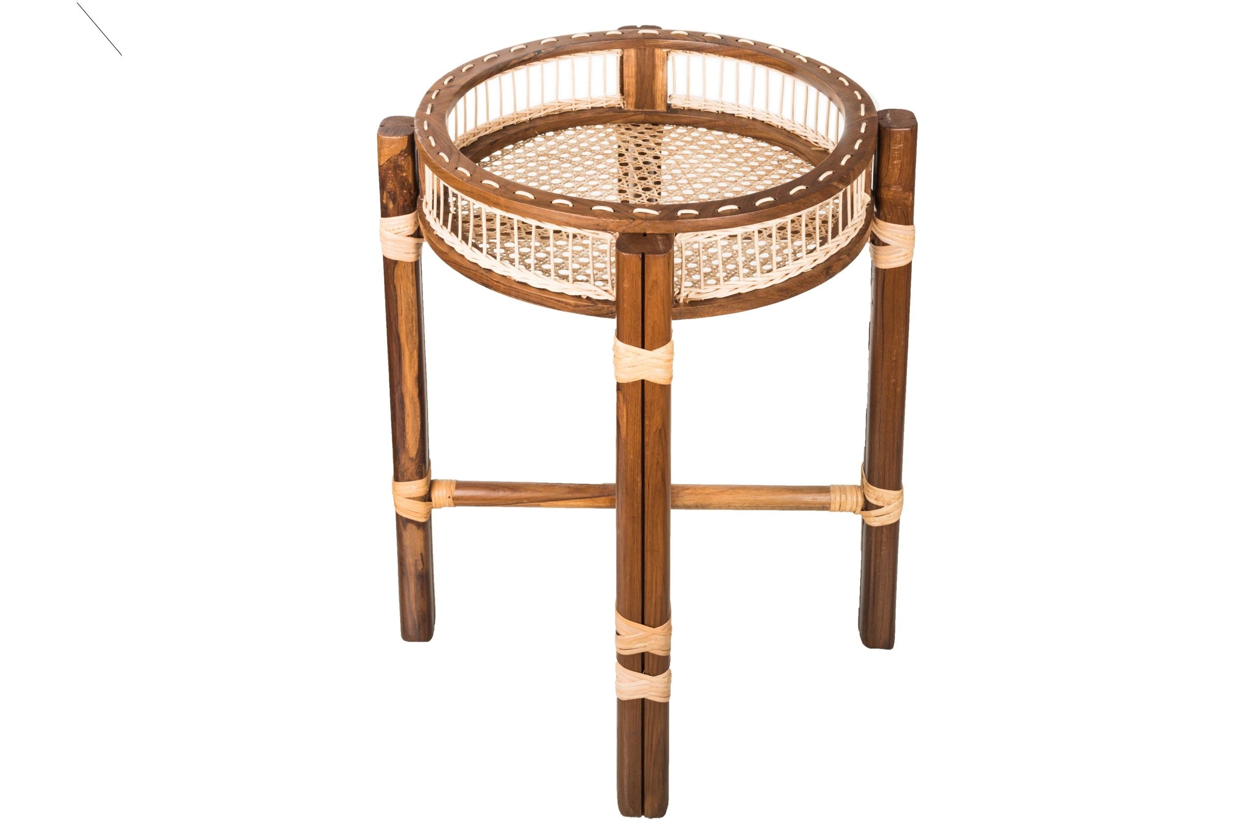 Rattan Tray Utility Table - Brown / Teakwood, cane / L: 18’’ W: 18’’ H: 24’’ - Furniture