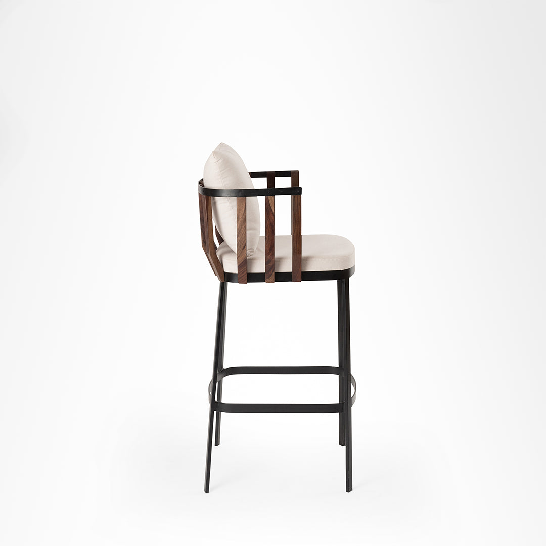 Rio Bar Chair - L: 20’’ B: 20’’ H: 39’’ SH: 30’’ / Brown Black & Beige / Mild Steel Acacia Wood and Upholstery - Indoor