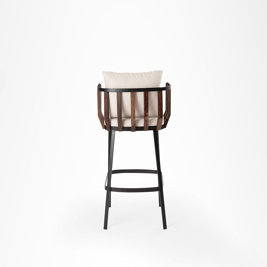 Rio Bar Chair - L: 20’’ B: 20’’ H: 39’’ SH: 30’’ / Brown Black & Beige / Mild Steel Acacia Wood and Upholstery - Indoor