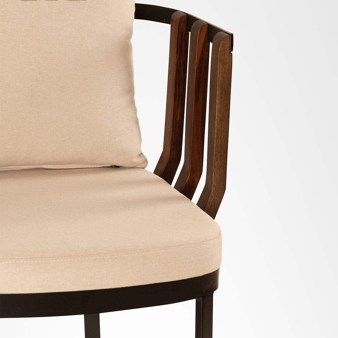 Rio Bar Chair - L: 20’’ B: 20’’ H: 39’’ SH: 30’’ / Brown Black & Beige / Mild Steel Acacia Wood and Upholstery - Indoor