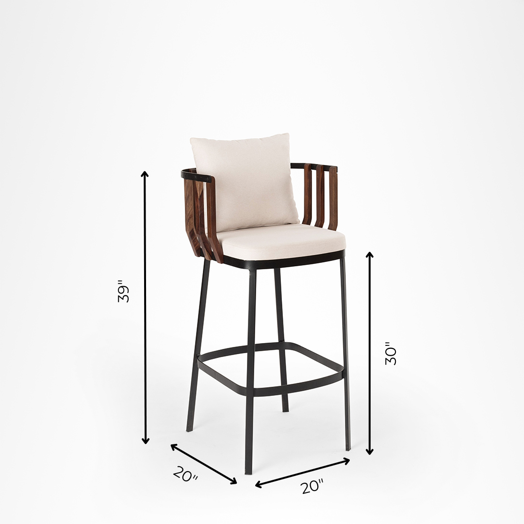 Rio Bar Chair - L: 20’’ B: 20’’ H: 39’’ SH: 30’’ / Brown Black & Beige / Mild Steel Acacia Wood and Upholstery - Indoor