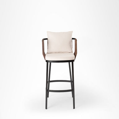 Rio Bar Chair - L: 20’’ B: 20’’ H: 39’’ SH: 30’’ / Brown Black & Beige / Mild Steel Acacia Wood and Upholstery - Indoor