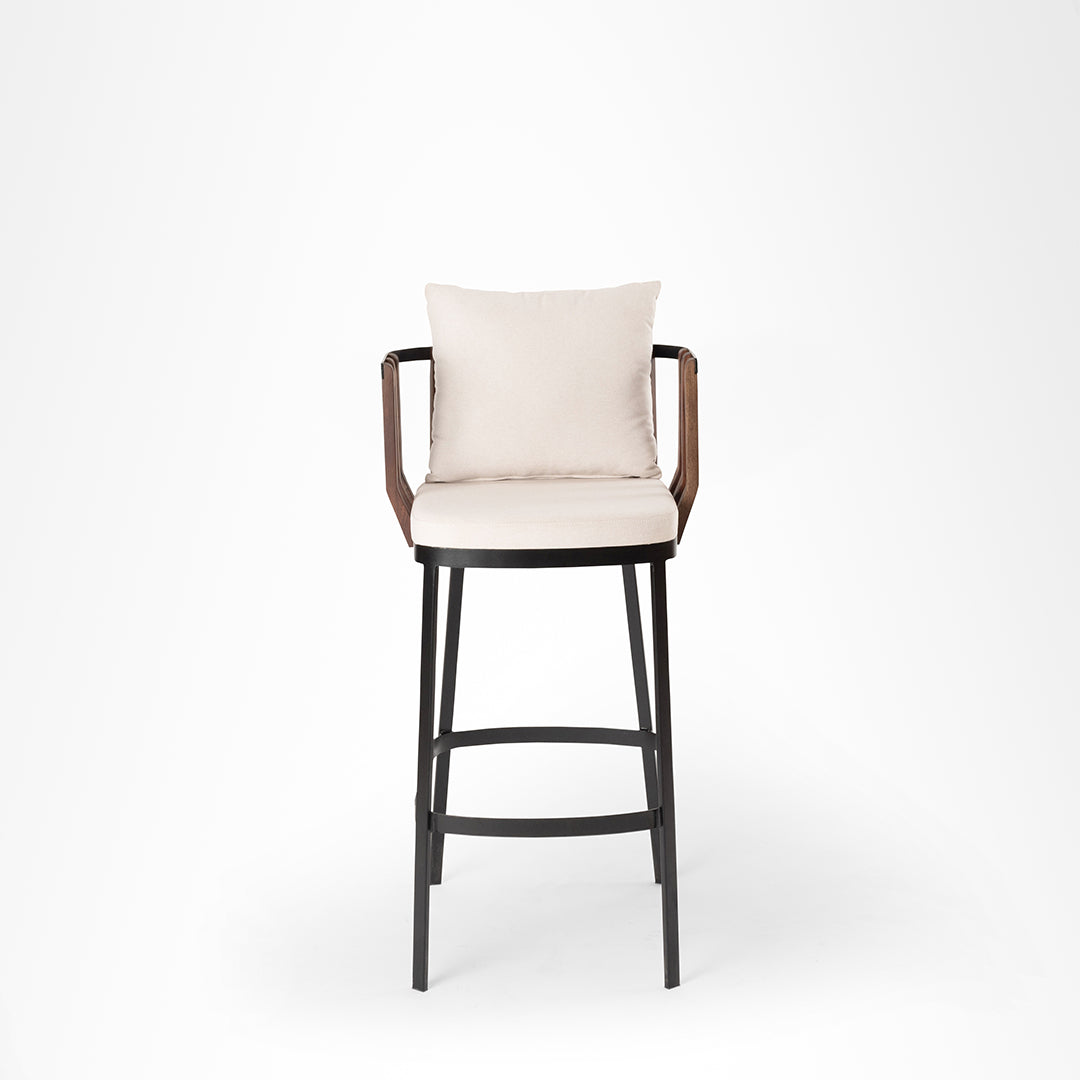 Rio Bar Chair - L: 20’’ B: 20’’ H: 39’’ SH: 30’’ / Brown Black & Beige / Mild Steel Acacia Wood and Upholstery - Indoor