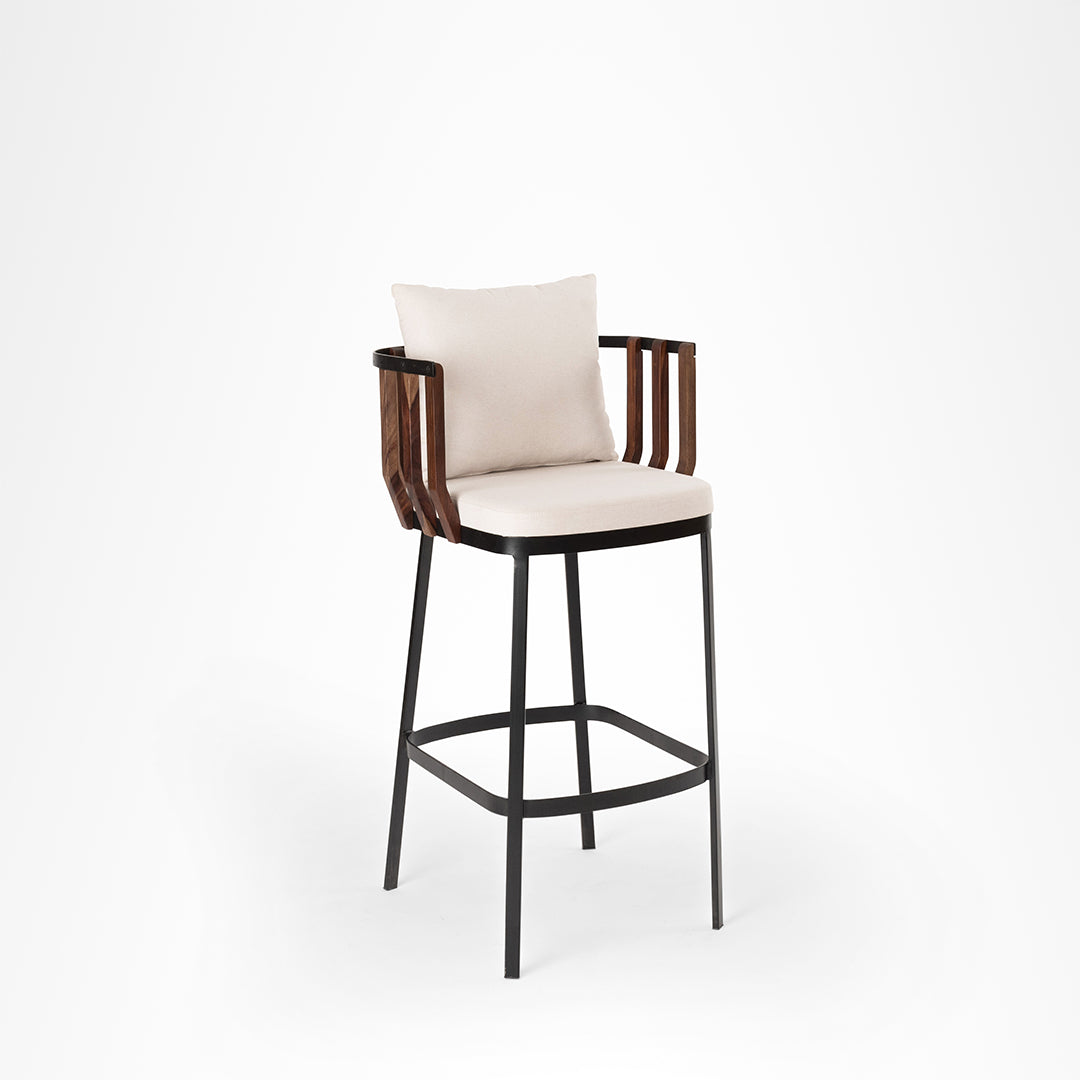 Rio Bar Chair - L: 20’’ B: 20’’ H: 39’’ SH: 30’’ / Brown Black & Beige / Mild Steel Acacia Wood and Upholstery - Indoor