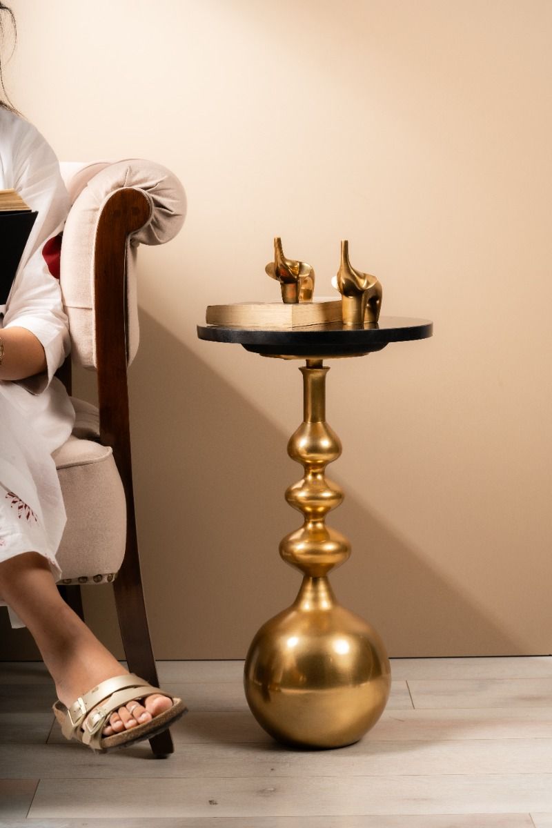 Royal Granite Accent Table - Golden / 31 x W:31 x H:56 In Cms / Marble & Aluminium - Indoor Furniture