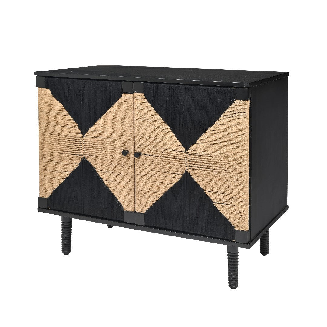 Rush Weave Black Colour Storage Cabinet - Black Matte Finish / Plywood, teak veneer, teak wood and jute / L: 38’’ W: