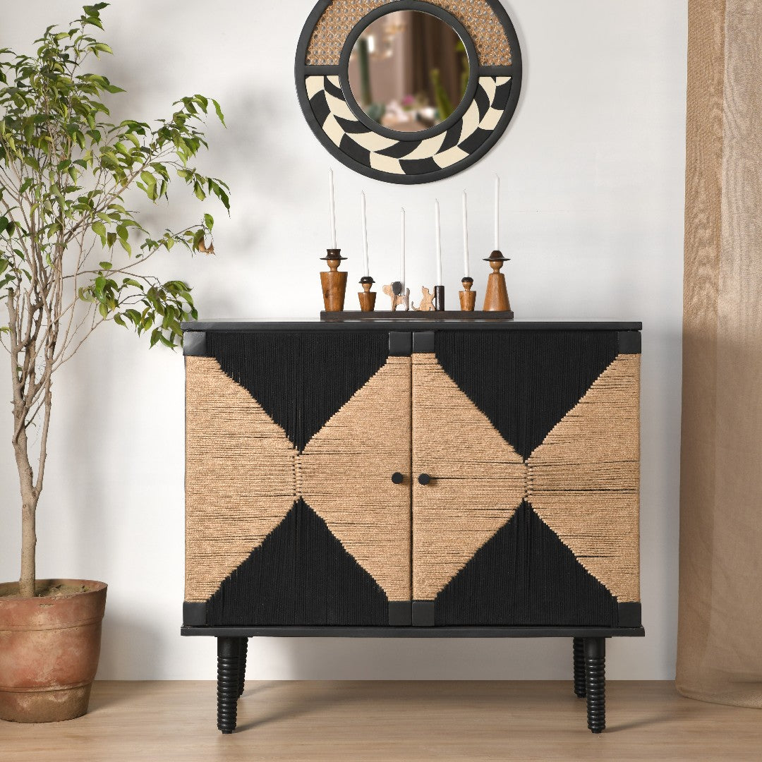 Rush Weave Black Colour Storage Cabinet - Black Matte Finish / Plywood, teak veneer, teak wood and jute / L: 38’’ W: