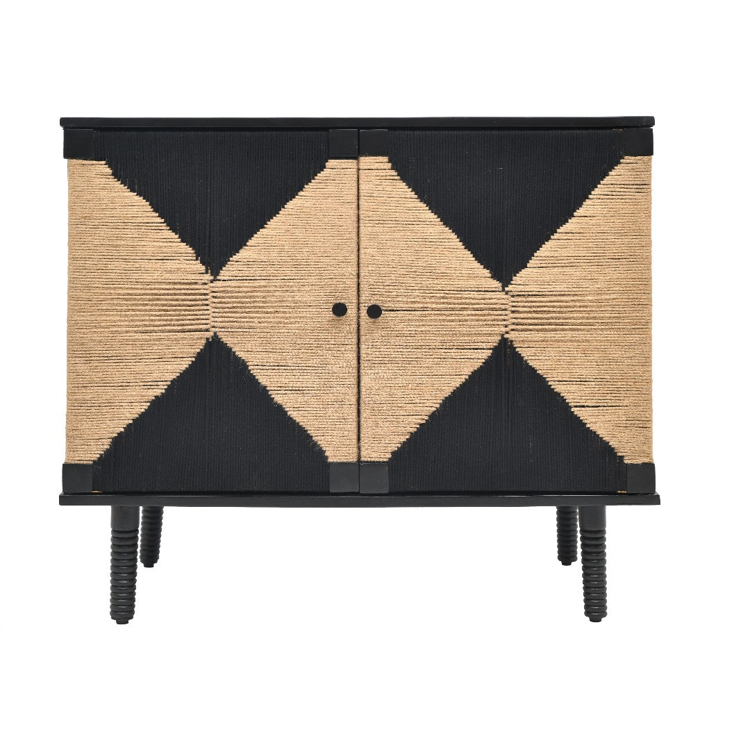 Rush Weave Black Colour Storage Cabinet - Black Matte Finish / Plywood, teak veneer, teak wood and jute / L: 38’’ W: