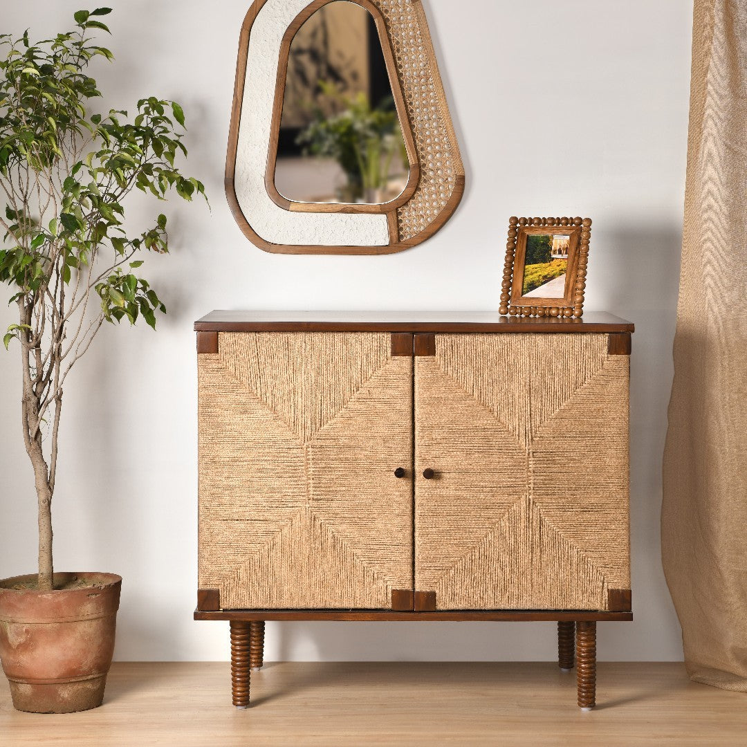 Rush Weave Teak Colour Storage Cabinet - Teak Matte Finish / Plywood, teak veneer, teak wood and jute / L: 38’’ W: 22’’