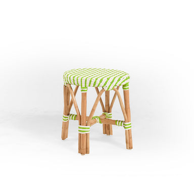 S Popsicle Cane Stool / Side Table - W: 16’’ H: 19’’ / Green and White / Cane Frame and PVC Weaving - Outdoor Furniture