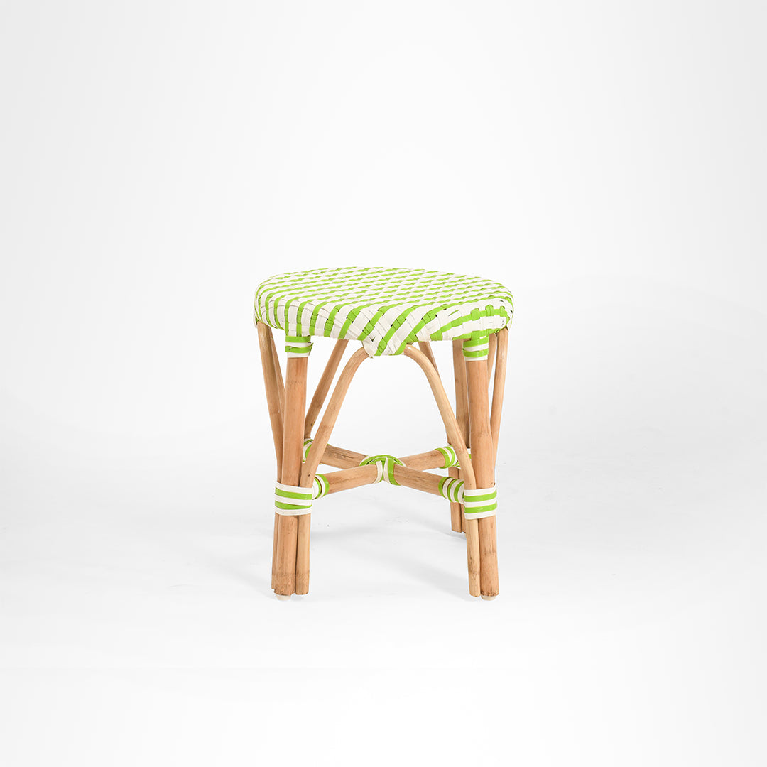 S Popsicle Cane Stool / Side Table - W: 16’’ H: 19’’ / Green and White / Cane Frame and PVC Weaving - Outdoor Furniture