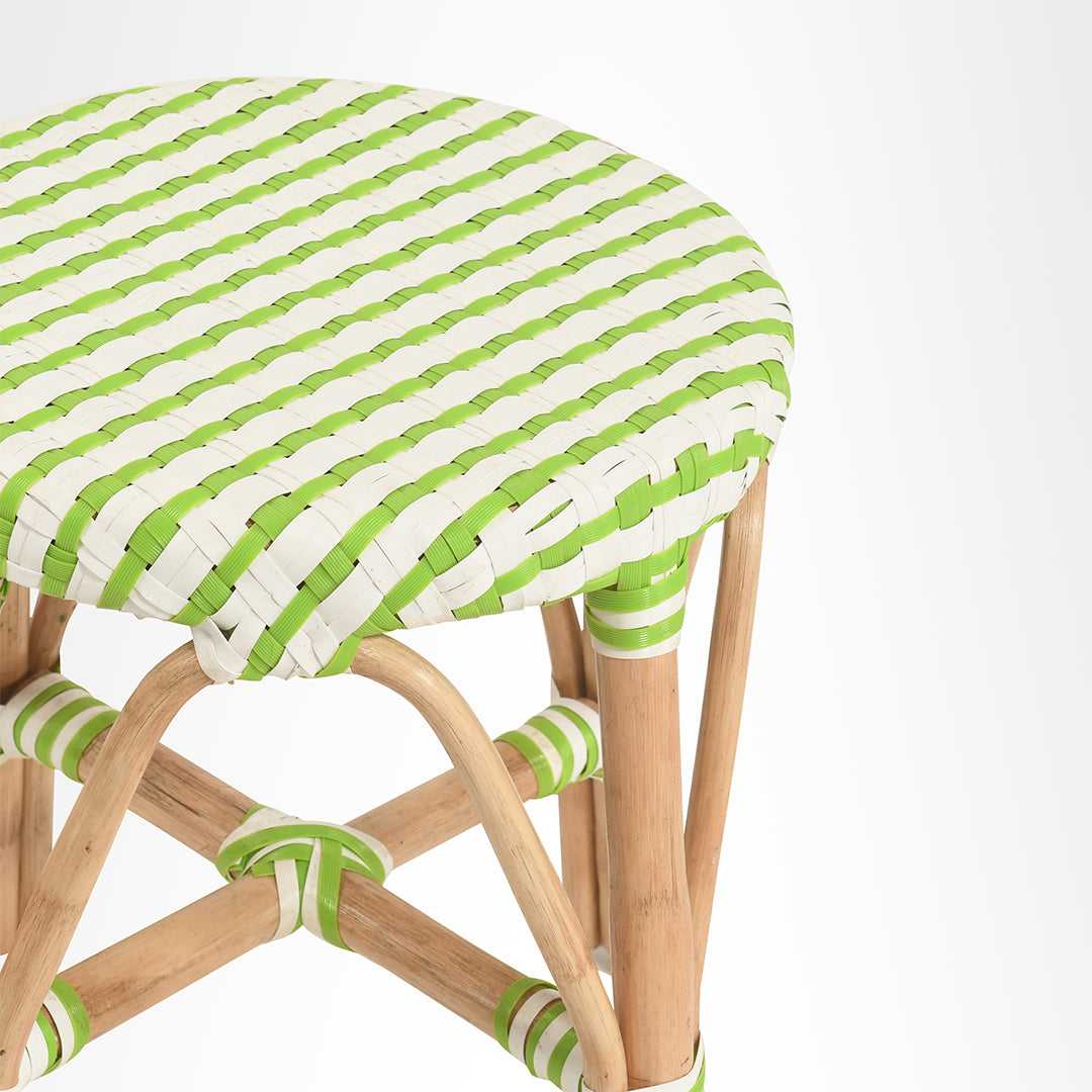 S Popsicle Cane Stool / Side Table - W: 16’’ H: 19’’ / Green and White / Cane Frame and PVC Weaving - Outdoor Furniture