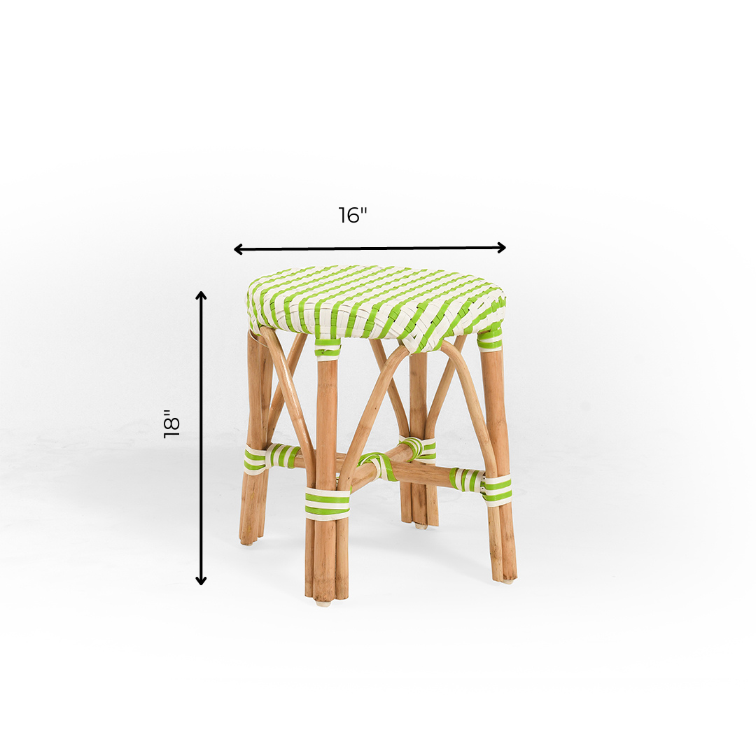 S Popsicle Cane Stool / Side Table - W: 16’’ H: 19’’ / Green and White / Cane Frame and PVC Weaving - Outdoor Furniture