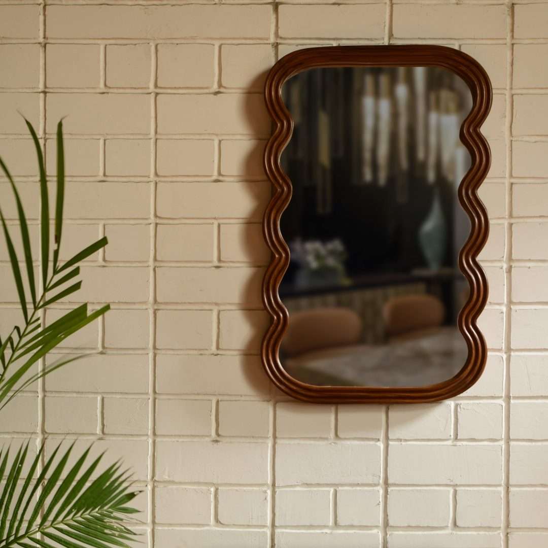 Sable Teak Wood Wall Mirror - Brown / Teakwood and mirror / L: 17.5’’ W: 1.5’’ H: 27.5’’ - Decor