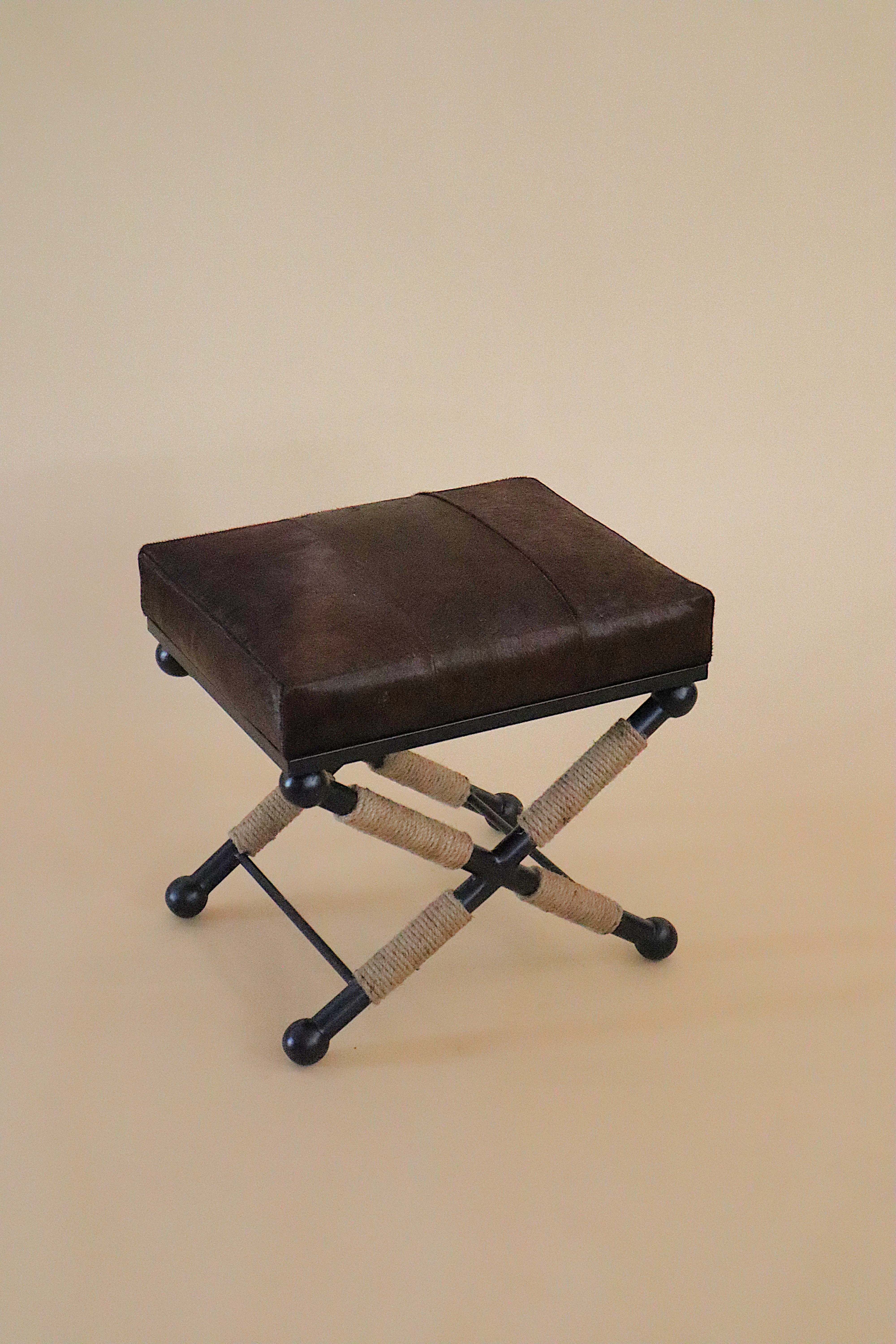 Saddle Pouf - L 20.5” x D 16.5” x H19.5” / Mild Steel, Jute, Cowhide Upholstery - Stool