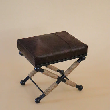 Saddle Pouf - L 20.5” x D 16.5” x H19.5” / Mild Steel, Jute, Cowhide Upholstery - Stool