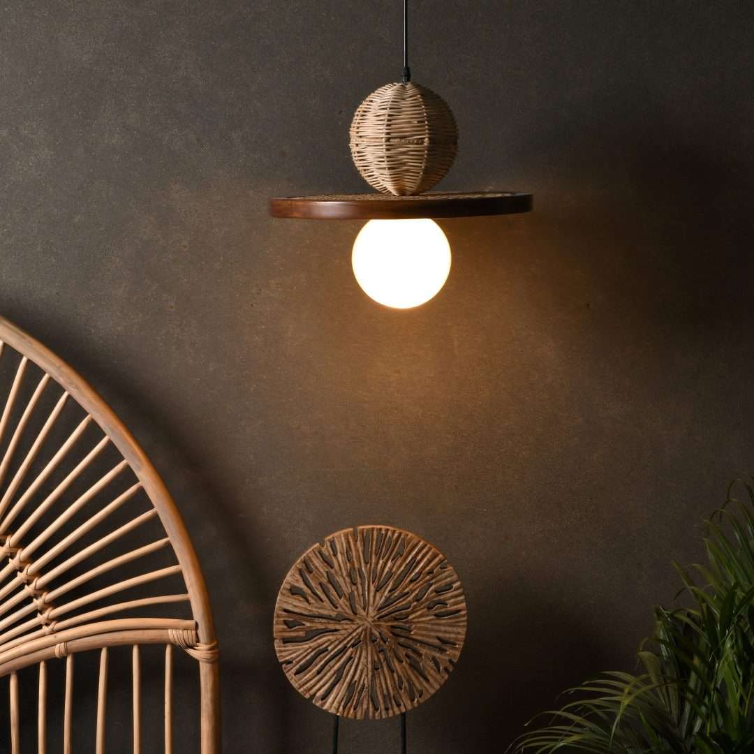 Satoi Teak Cane Pendant Lamp - Natural / Teakwood, iron and cane / D: 15’’ H (Shade): 12’’ - Lighting