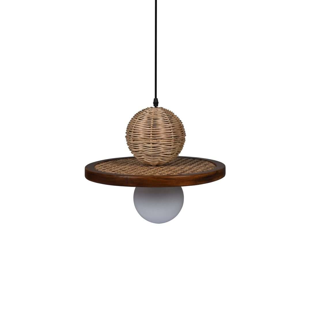 Satoi Teak Cane Pendant Lamp - Natural / Teakwood, iron and cane / D: 15’’ H (Shade): 12’’ - Lighting