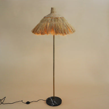 Savanna Floor Lamp - Dia 25” x H 63” / Brass plated Mild Steel, Black Marble, Raffia Shade - Floor Lamp