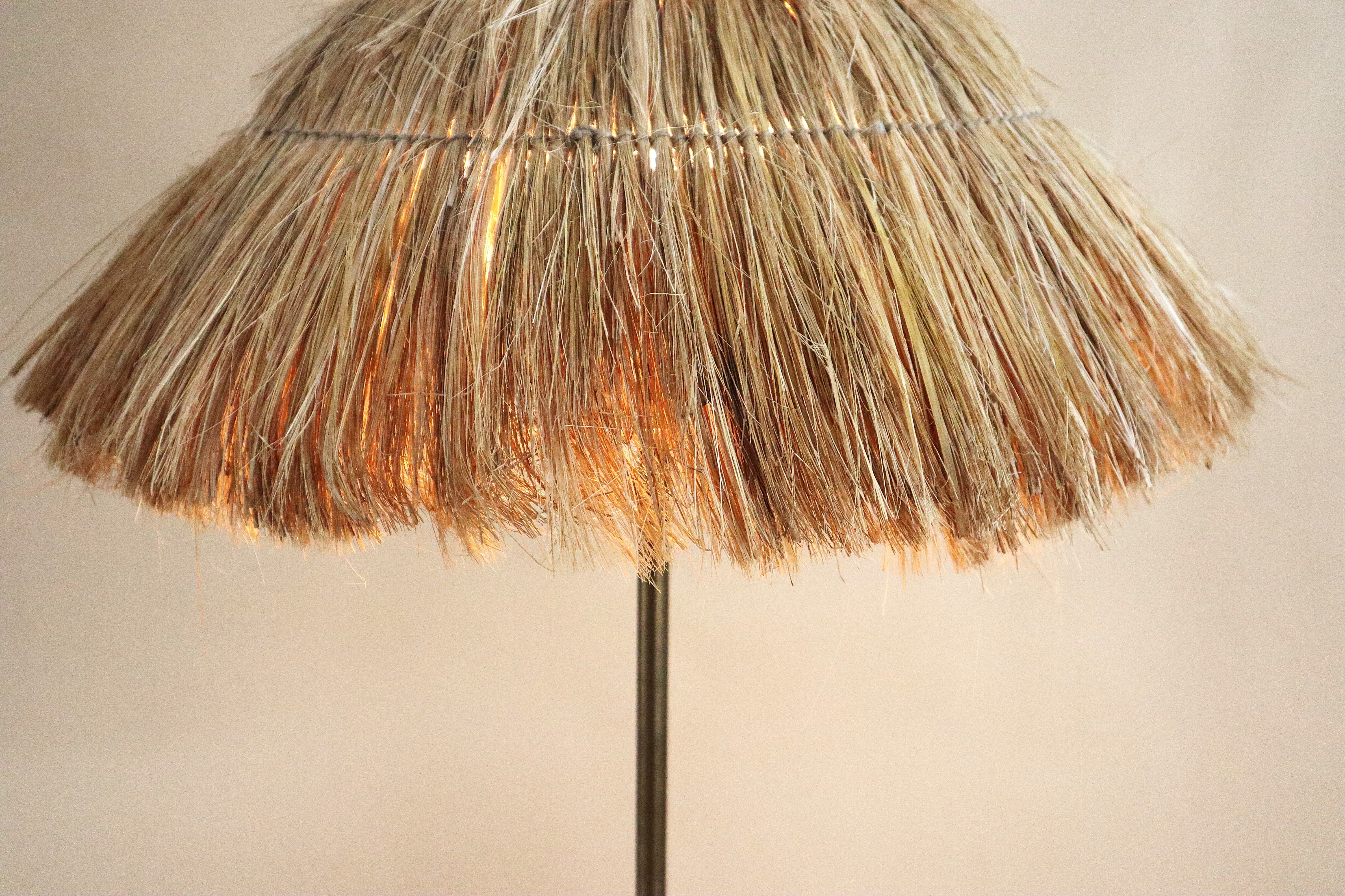 Savanna Floor Lamp - Dia 25” x H 63” / Brass plated Mild Steel, Black Marble, Raffia Shade - Floor Lamp