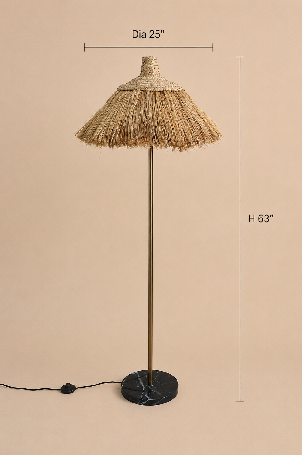 Savanna Floor Lamp - Dia 25” x H 63” / Brass plated Mild Steel, Black Marble, Raffia Shade - Lighting