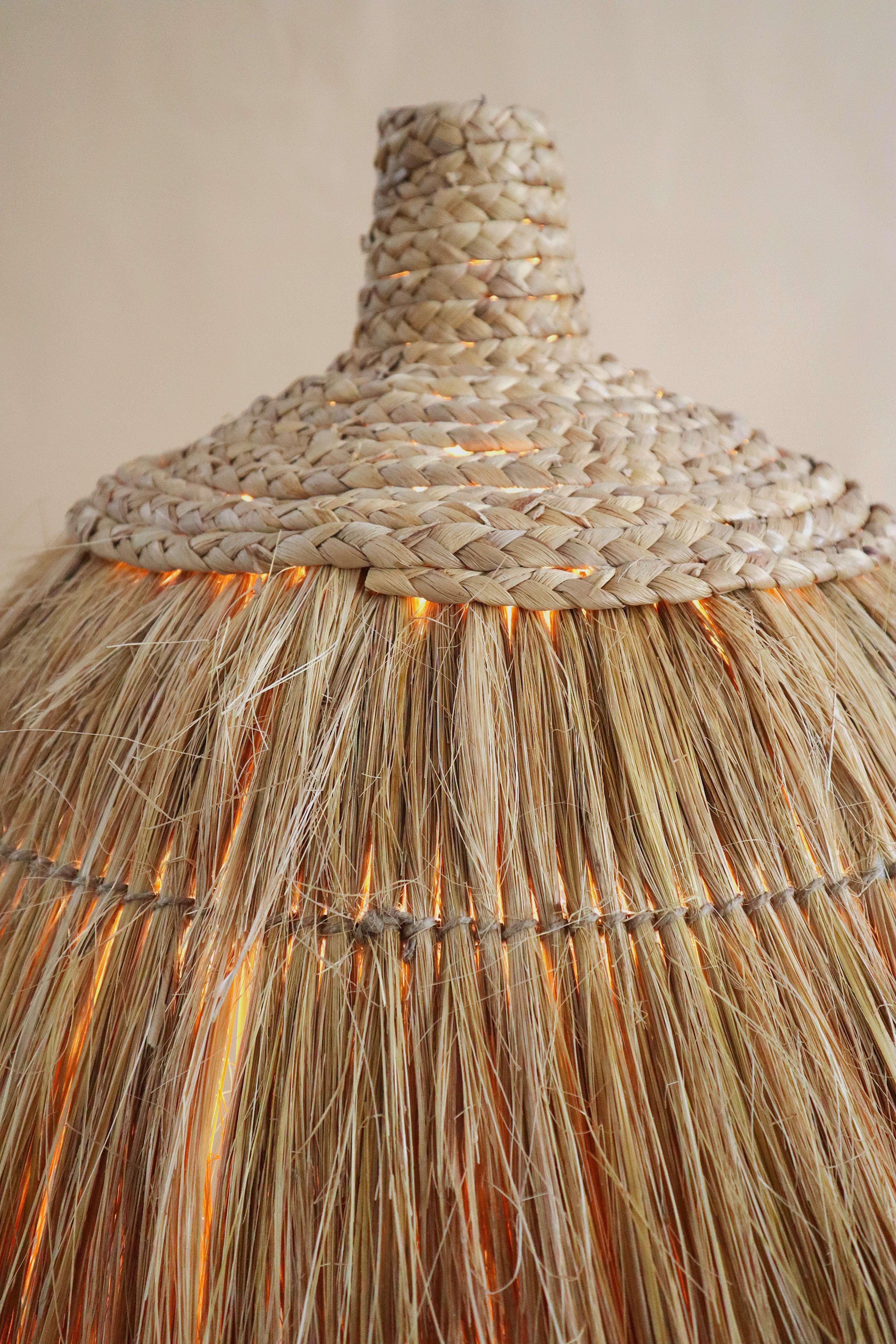 Savanna Floor Lamp - Dia 25” x H 63” / Brass plated Mild Steel, Black Marble, Raffia Shade - Floor Lamp