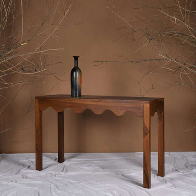 Scallop Teak Wood Console Table - Teak / Teakwood, cane and glass / L: 48’’ W: 18’’ H: 30’’ - Furniture